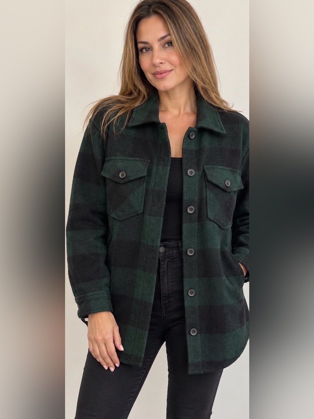 RD Style Conscious Green Black Buffalo Plaid Shacket Jacket Size S NWT